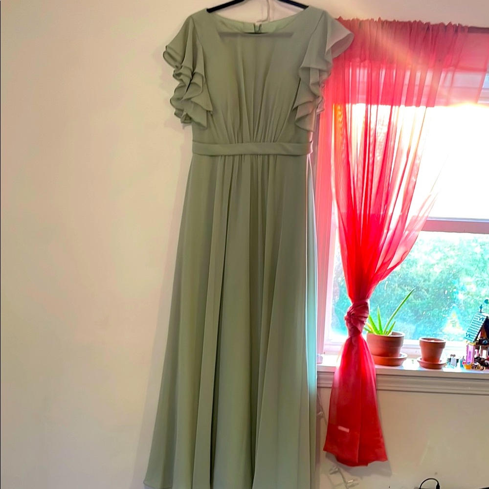 Azazie Green Maxi Dress with Flutter Sleeves for Weddings